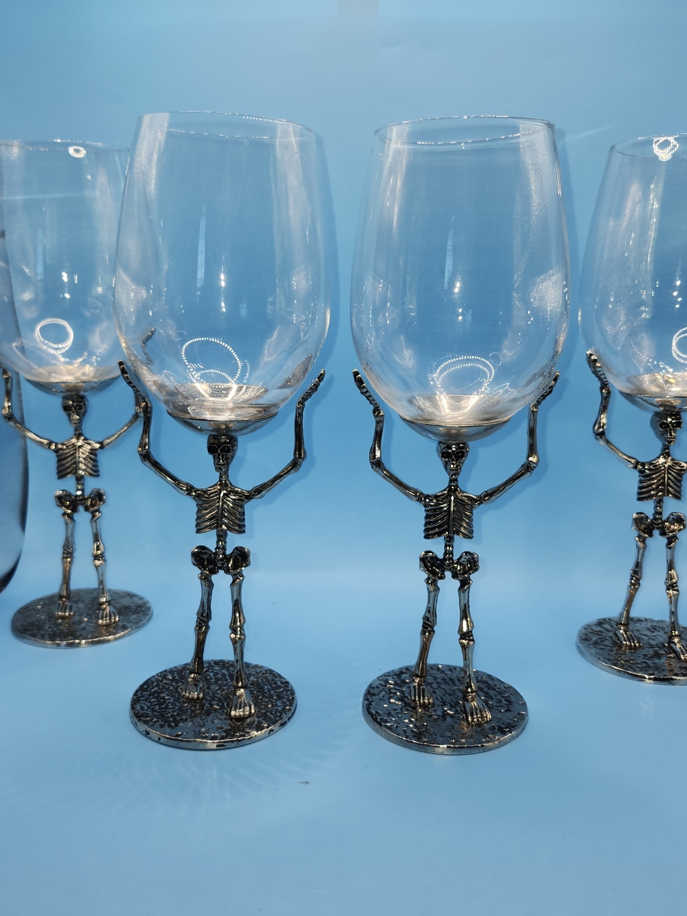 Pottery Barn Skeleton Wine Glasses Set of 4 Silver Metal Stem Halloween Goth